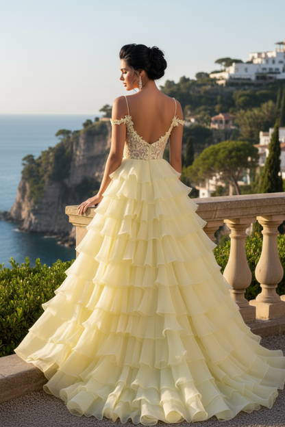 Sweetheart Lace Appliques Tiered Chiffon A-Line Prom Dress