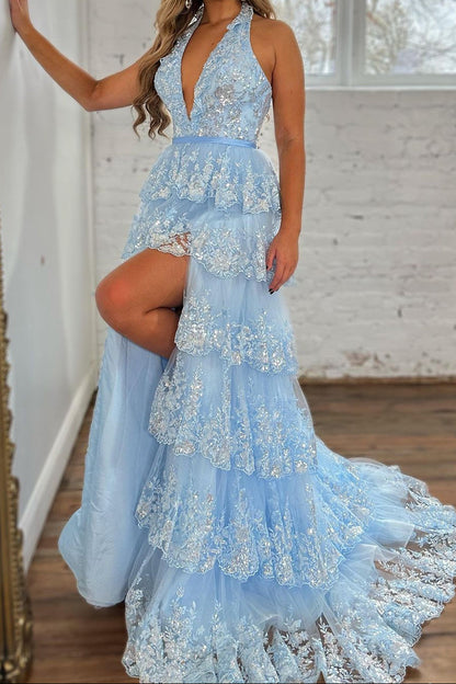 Shiny Light Blue A-Line Halter Backless Long Tulle Prom Dress With Split