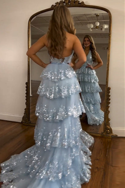Shiny Light Blue A-Line Halter Backless Long Tulle Prom Dress With Split
