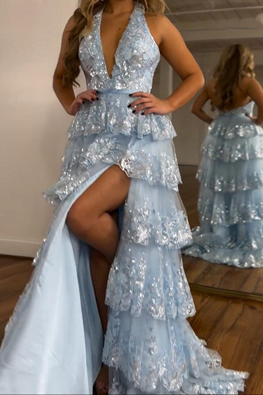 Shiny Light Blue A-Line Halter Backless Long Tulle Prom Dress With Split
