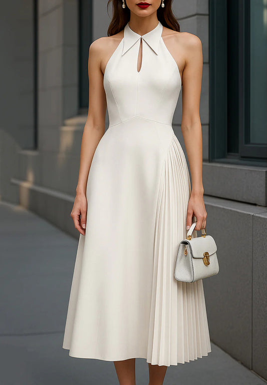 Shirt Collar Sleeveless A-Line White Work Dress