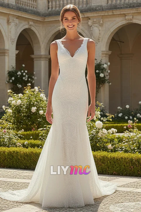 V-Neck Lace Appliques Mermaid Wedding Dress