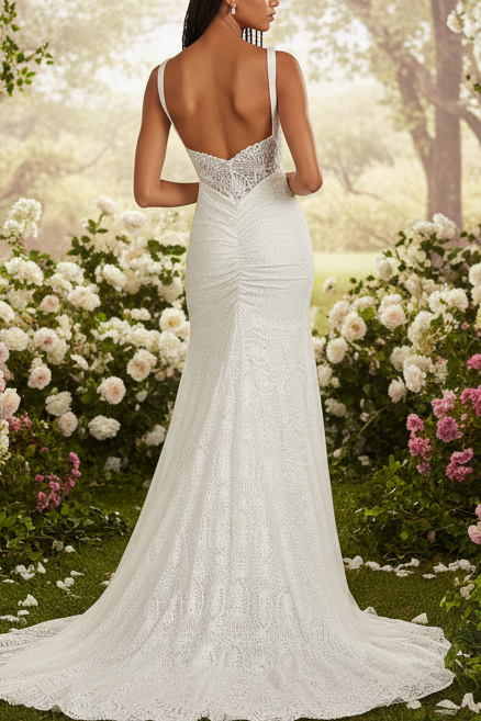 V-Neck Lace Appliques Mermaid Wedding Dress