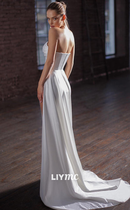 LW402 - Simple Off-Shoulder Ruched Sleek High Slit Satin Wedding Dresses