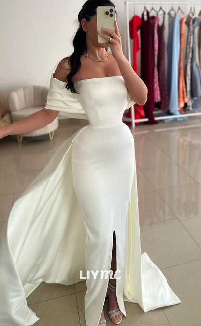 LP1970 - Simple Off-Shoulder Sleek Satin Sheath Prom Dress