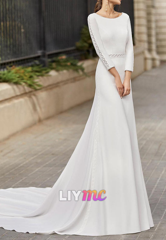 Simple Scoop Long Sleeves Sleek Mermaid Classic Wedding Dress