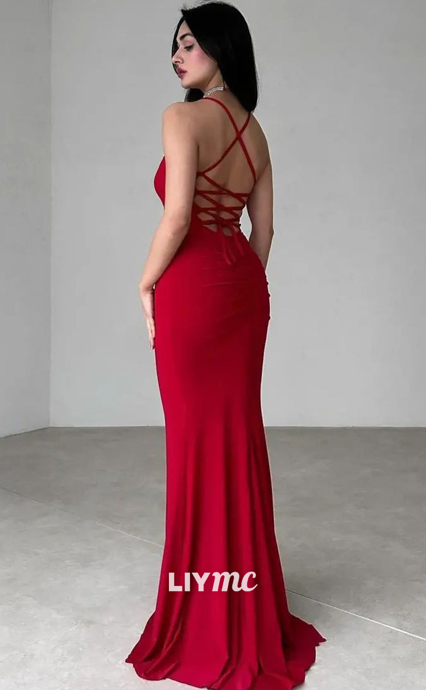 LP1378 - Simple Spaghetti Straps Lace-Up Sleek Satin Sheath Mermaid Prom Dress