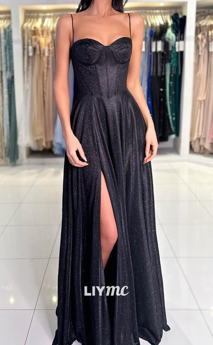 LP1352 - Simple & Casual A-Line Strapless Straps Sleeveless High Side Slit Long Prom Evening Dress