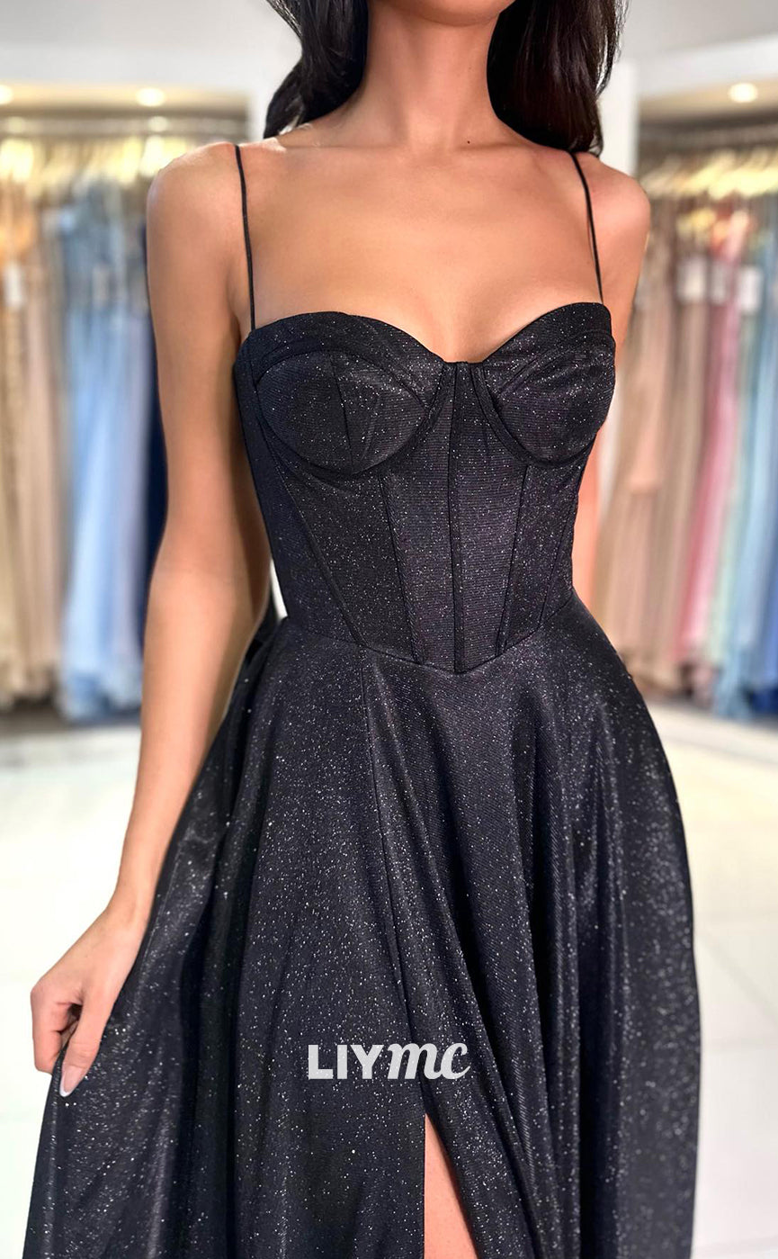 LP1352 - Simple & Casual A-Line Strapless Straps Sleeveless High Side Slit Long Prom Evening Dress