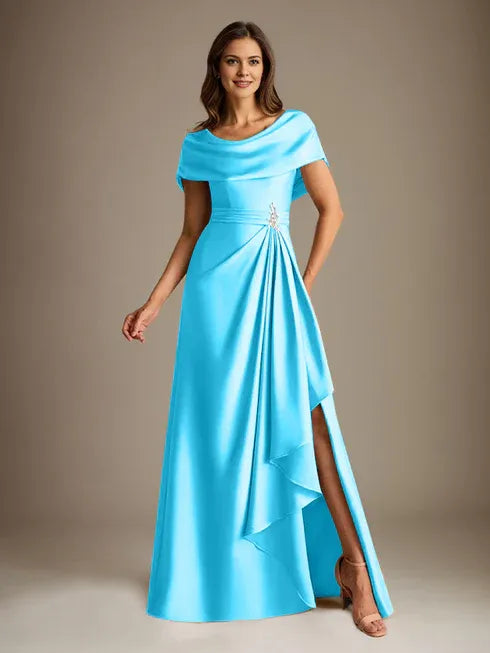 A-Line Scoop Floor-Length Stretch Satin Mother of the Bride Dress With Cascading Ruffles