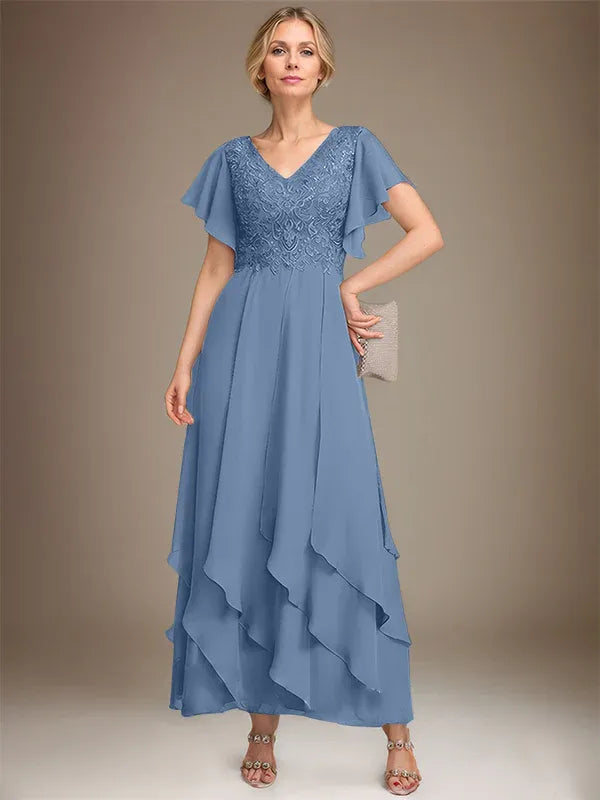 A-line V-Neck Ankle-Length Lace Chiffon Mother of the Bride Dress With Cascading Ruffles