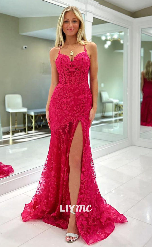 LP1307 - Spaghetti Straps Lace Appliques Sheer Mermaid Prom Dress