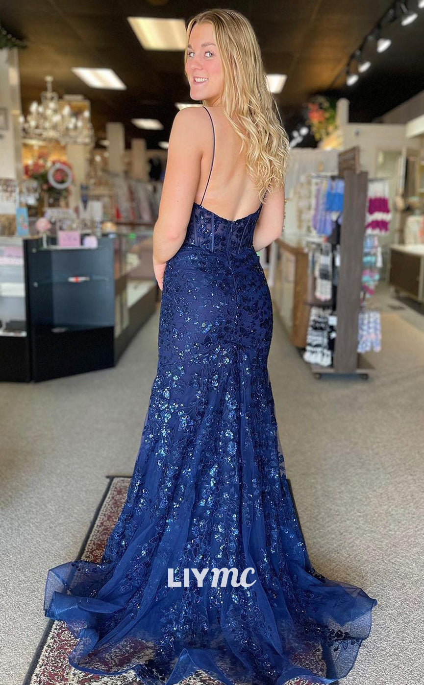 LP1335 - Spaghetti Straps Open Back Appliques Mermaid Prom Dress