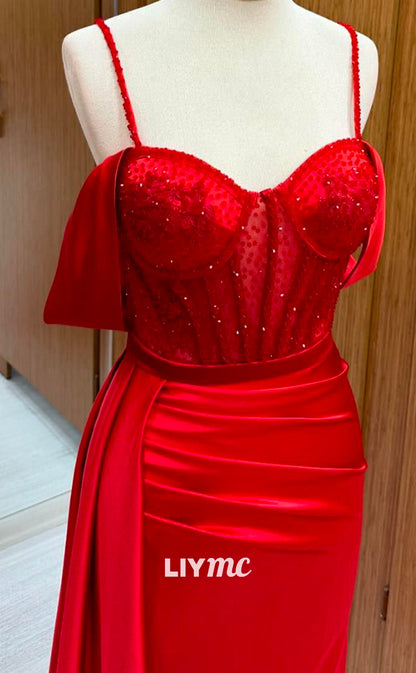 LP2246 - Spaghetti Straps Sweetheart Appliques Pleated Sheath Prom Dress Cocktail Dress