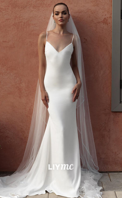 LW397 - Spaghetti Straps V-Neck Backless Sleek Satin Beach Wedding Dress