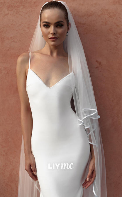 LW397 - Spaghetti Straps V-Neck Backless Sleek Satin Beach Wedding Dress