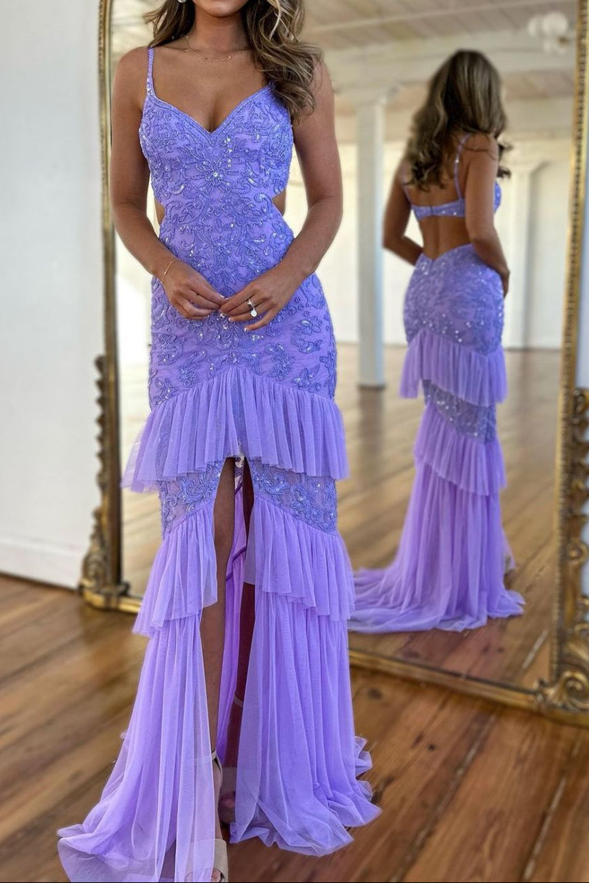 Sparkly Purple Mermaid Spaghetti Straps Long Tiered Prom Dress With Slit