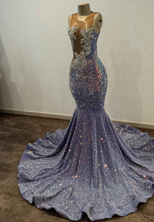 Sparkly V-Neck Sequins Beaded Mermaid Prom Dress for Black Girls