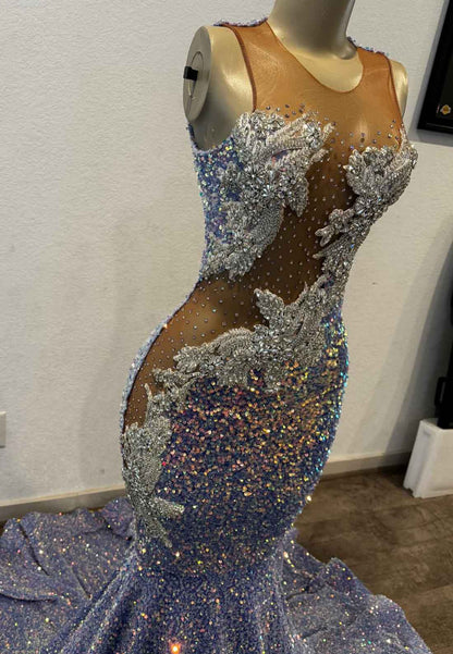 Sparkly V-Neck Sequins Beaded Mermaid Prom Dress for Black Girls