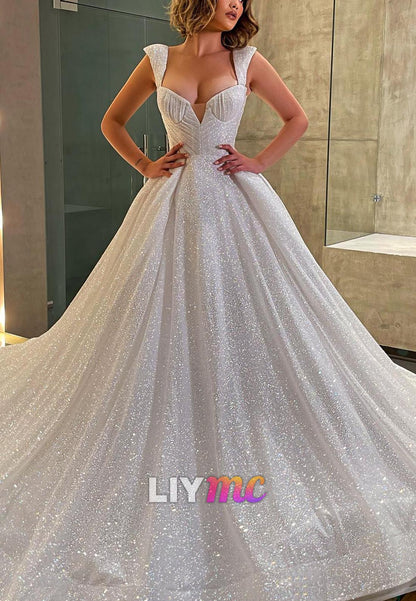 Sparkly V-Neck Straps Ball Gown Wedding Dress