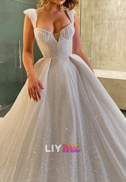 Sparkly V-Neck Straps Ball Gown Wedding Dress