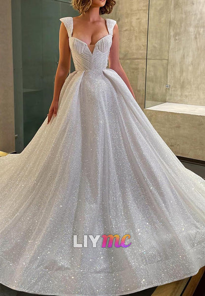 Sparkly V-Neck Straps Ball Gown Wedding Dress
