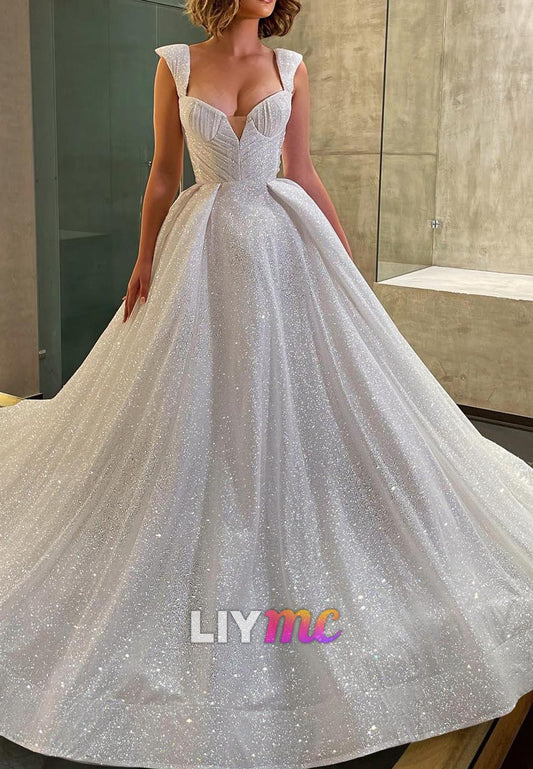 Sparkly V-Neck Straps Ball Gown Wedding Dress