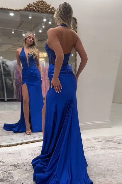 V-Neck Straps Sleeveless Appliques Side Slit Sheath Prom Dress