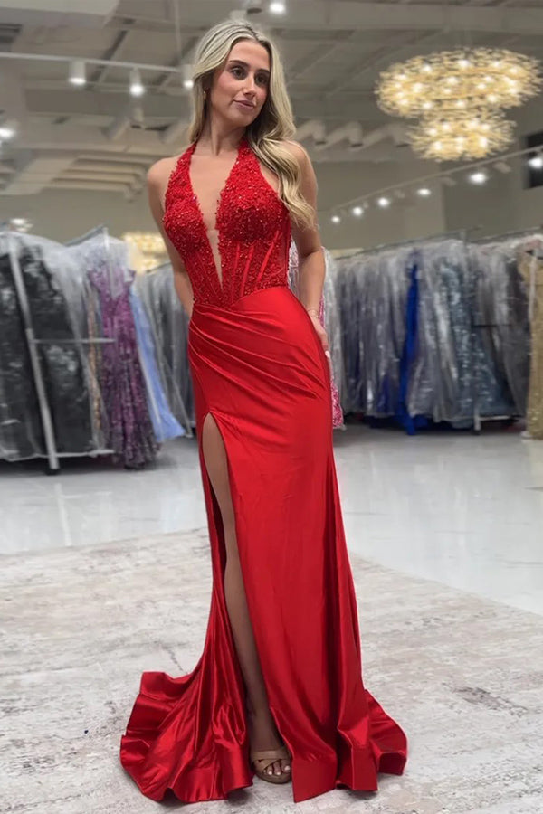 V-Neck Straps Sleeveless Appliques Side Slit Sheath Prom Dress