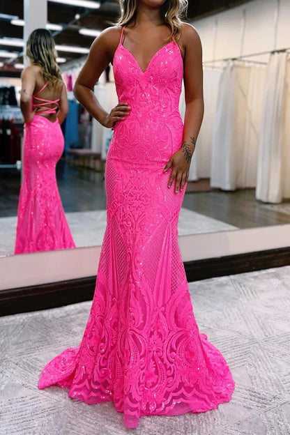 Sparkly Mermaid Hot Pink Backless Sequins Long Prom Dresses