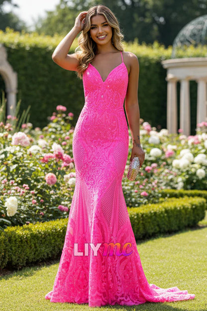Sparkly Mermaid Hot Pink Backless Sequins Long Prom Dresses