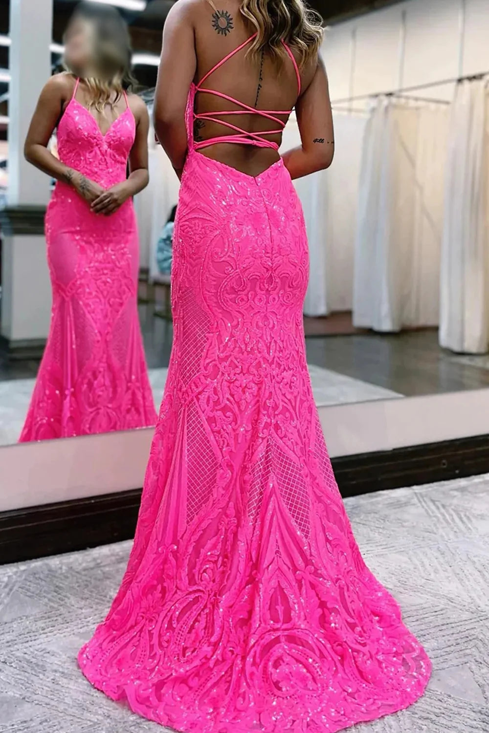 Sparkly Mermaid Hot Pink Backless Sequins Long Prom Dresses