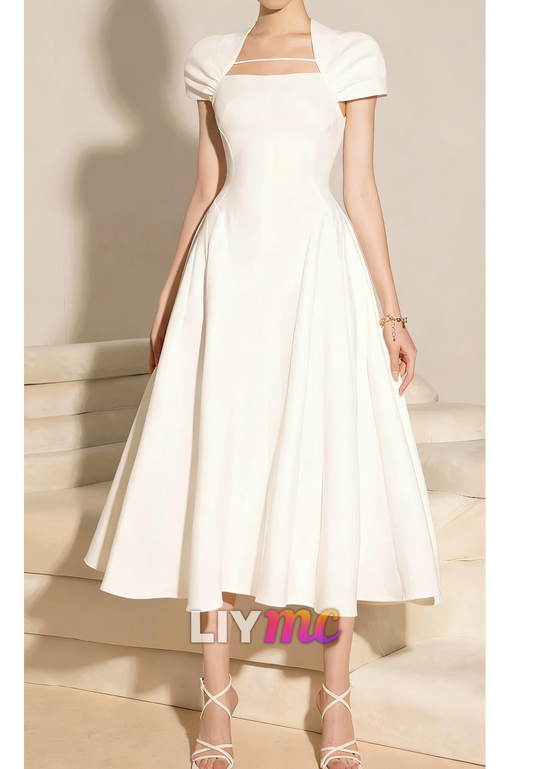 Square Cap Sleeves A-Line Midi Wedding Dress
