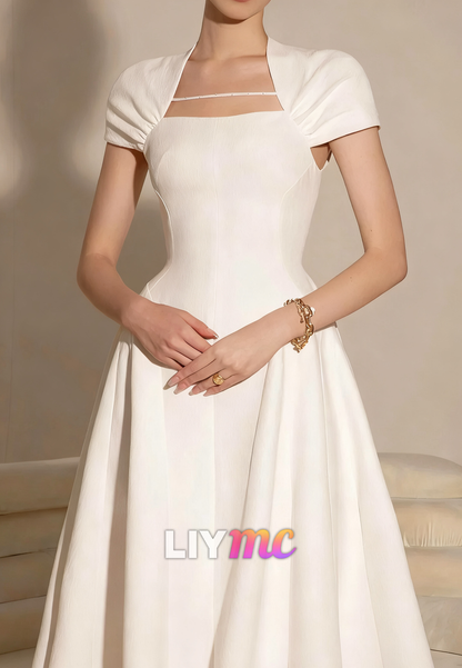 Square Cap Sleeves A-Line Midi Wedding Dress