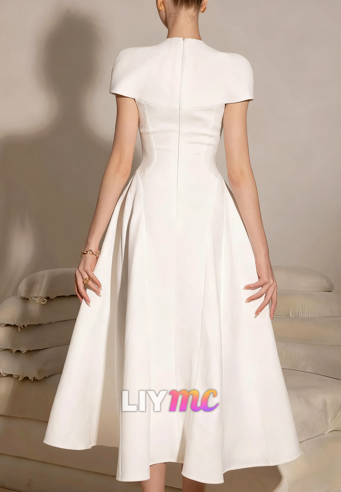 Square Cap Sleeves A-Line Midi Wedding Dress