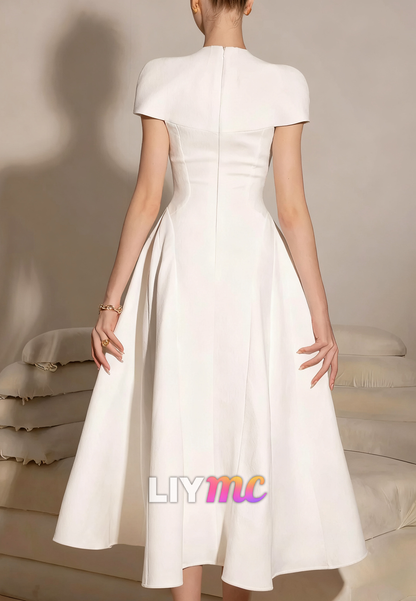 Square Cap Sleeves A-Line Midi Wedding Dress
