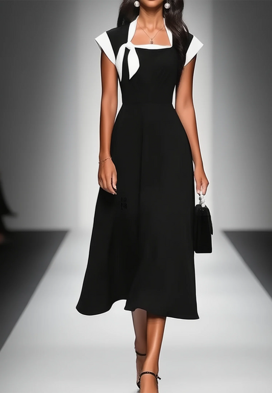 Square Cap Sleeves A-Line Midi Work Dress