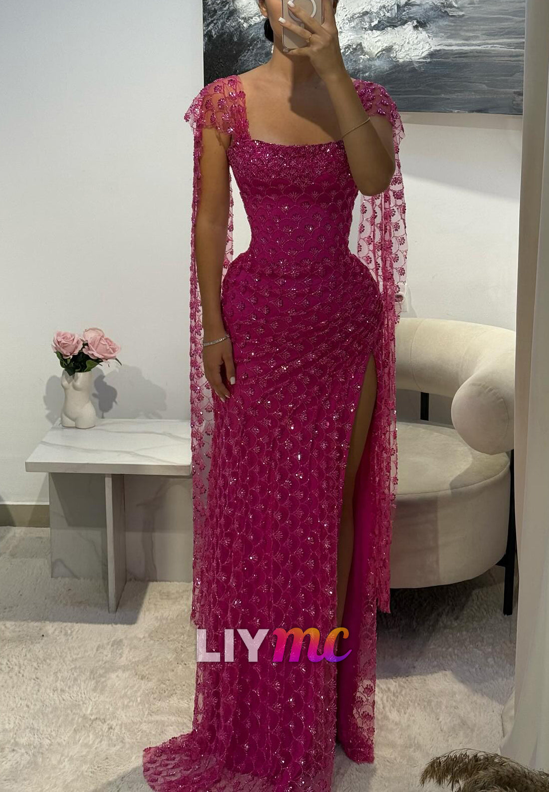 Square Cap Sleeves Beaded Embroider Sparkly Prom Dress
