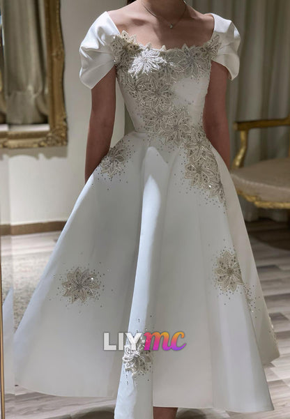 Square Cap Sleeves Floral Embellished Sequins A-Line Wedding Dress