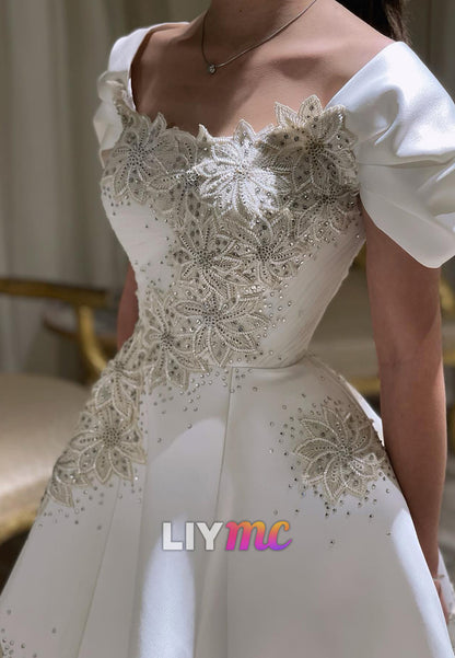 Square Cap Sleeves Floral Embellished Sequins A-Line Wedding Dress