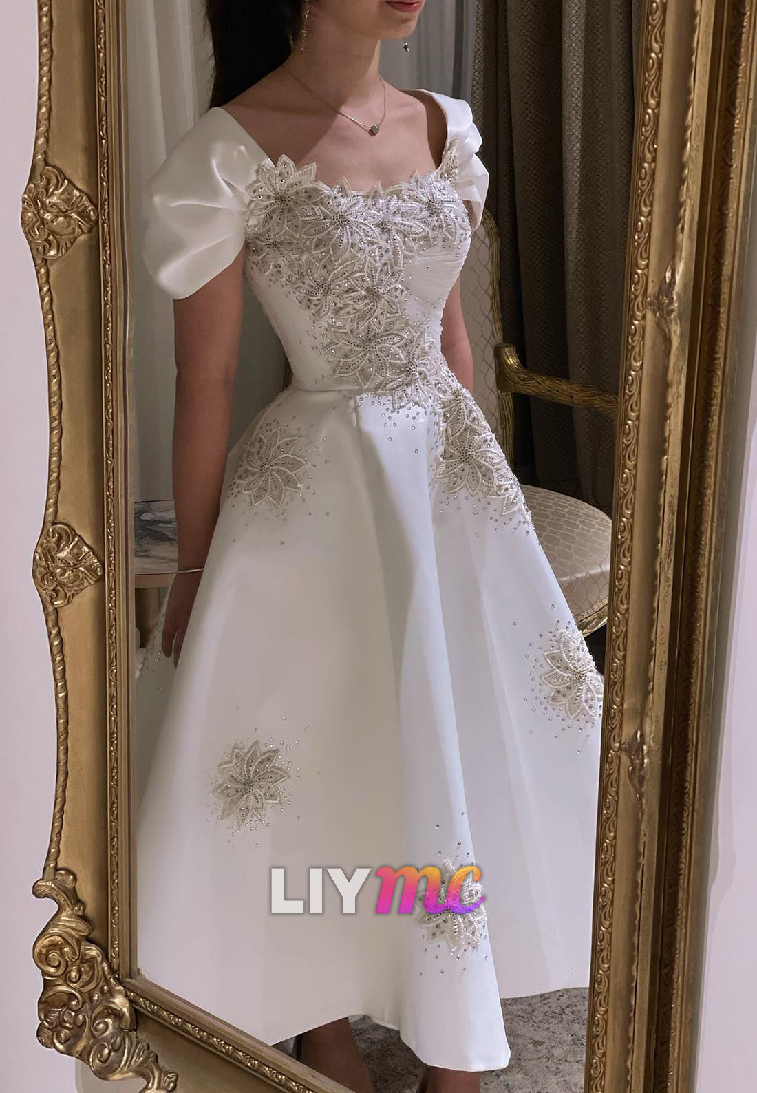 Square Cap Sleeves Floral Embellished Sequins A-Line Wedding Dress