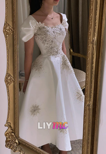 Square Cap Sleeves Floral Embellished Sequins A-Line Wedding Dress