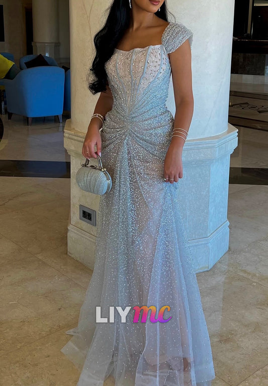 Square Cap Sleeves Sequins Beaded Sheath Prom Dress