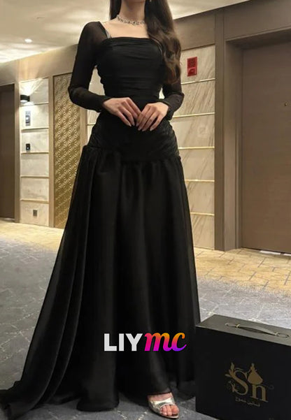 Square Long Sleeevs A-Line Evening Dress