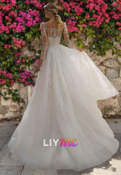 Square Long Sleeves Appliques Ball Gown Wedding Dress