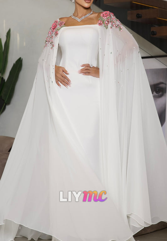 Square Long Sleeves Appliques Sleek Sheath Wedding Dress