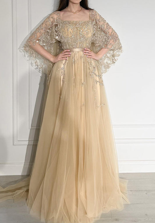 Square Long Sleeves Appliques Tulle A-Line Evening Dress