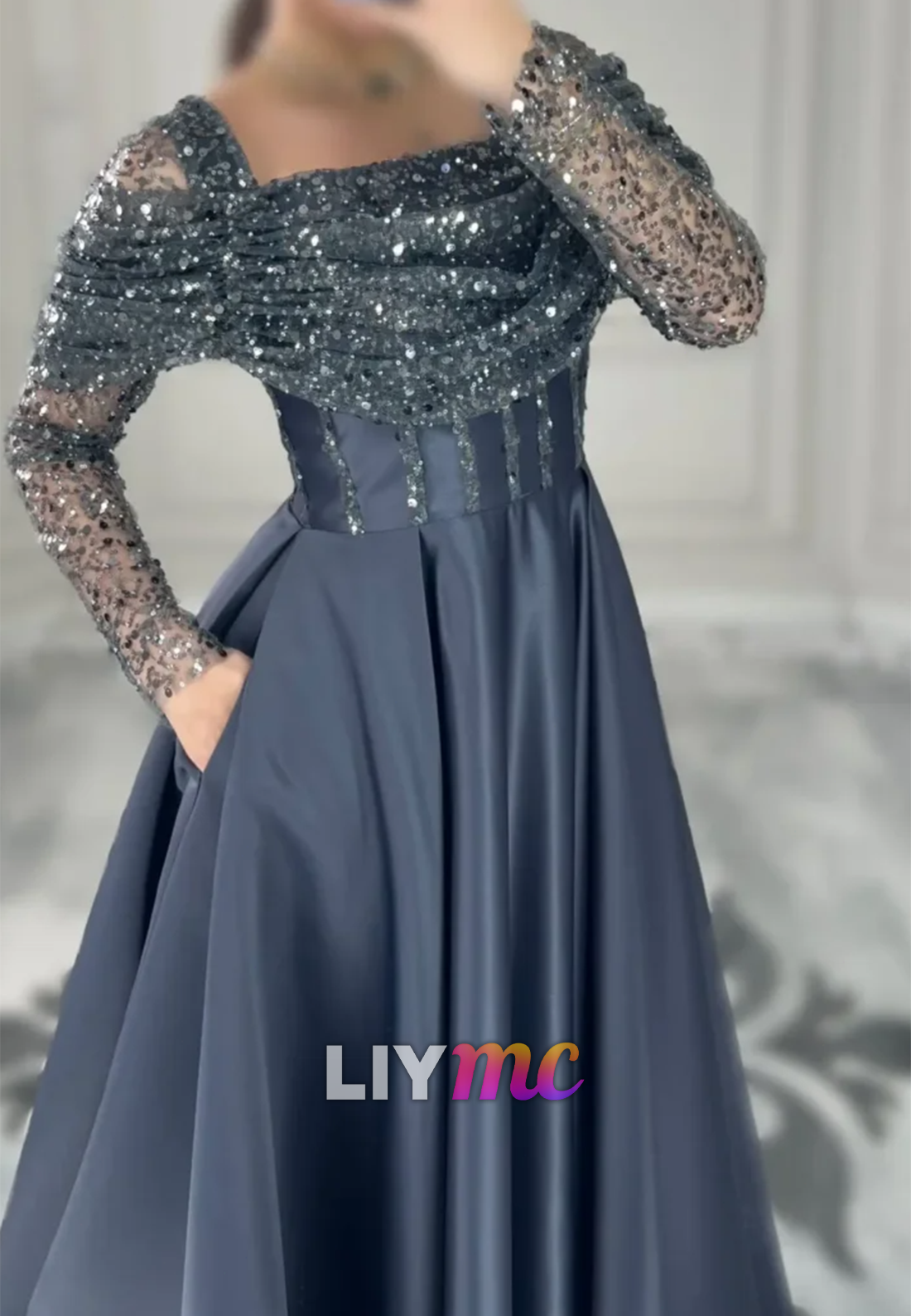 Square Long Sleeves Baeded Emboridery Formal Dress A-Line Wedding Guest Dress