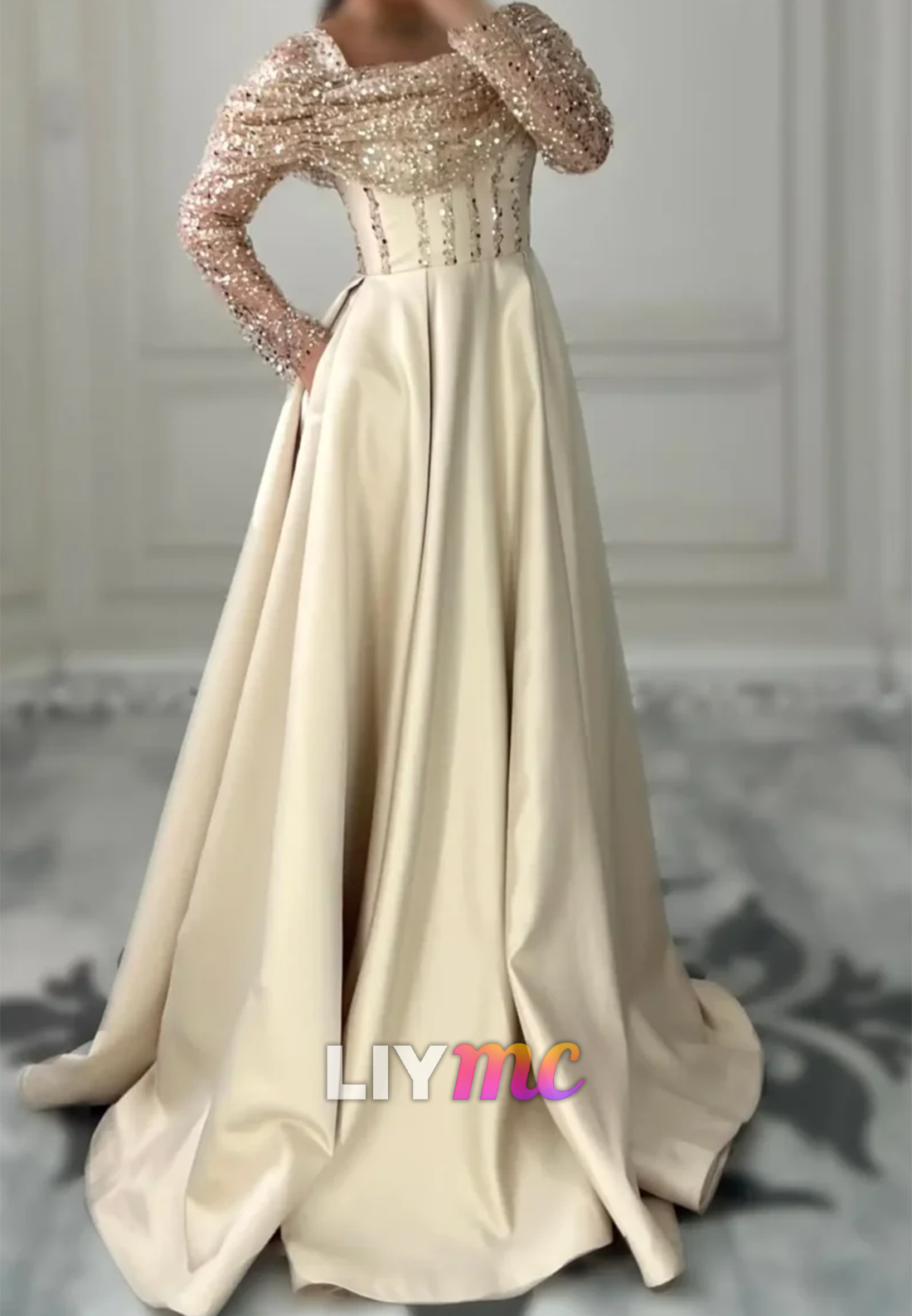 Square Long Sleeves Baeded Emboridery Formal Dress A-Line Wedding Guest Dress