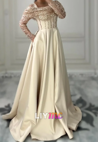 Square Long Sleeves Baeded Emboridery Formal Dress A-Line Wedding Guest Dress